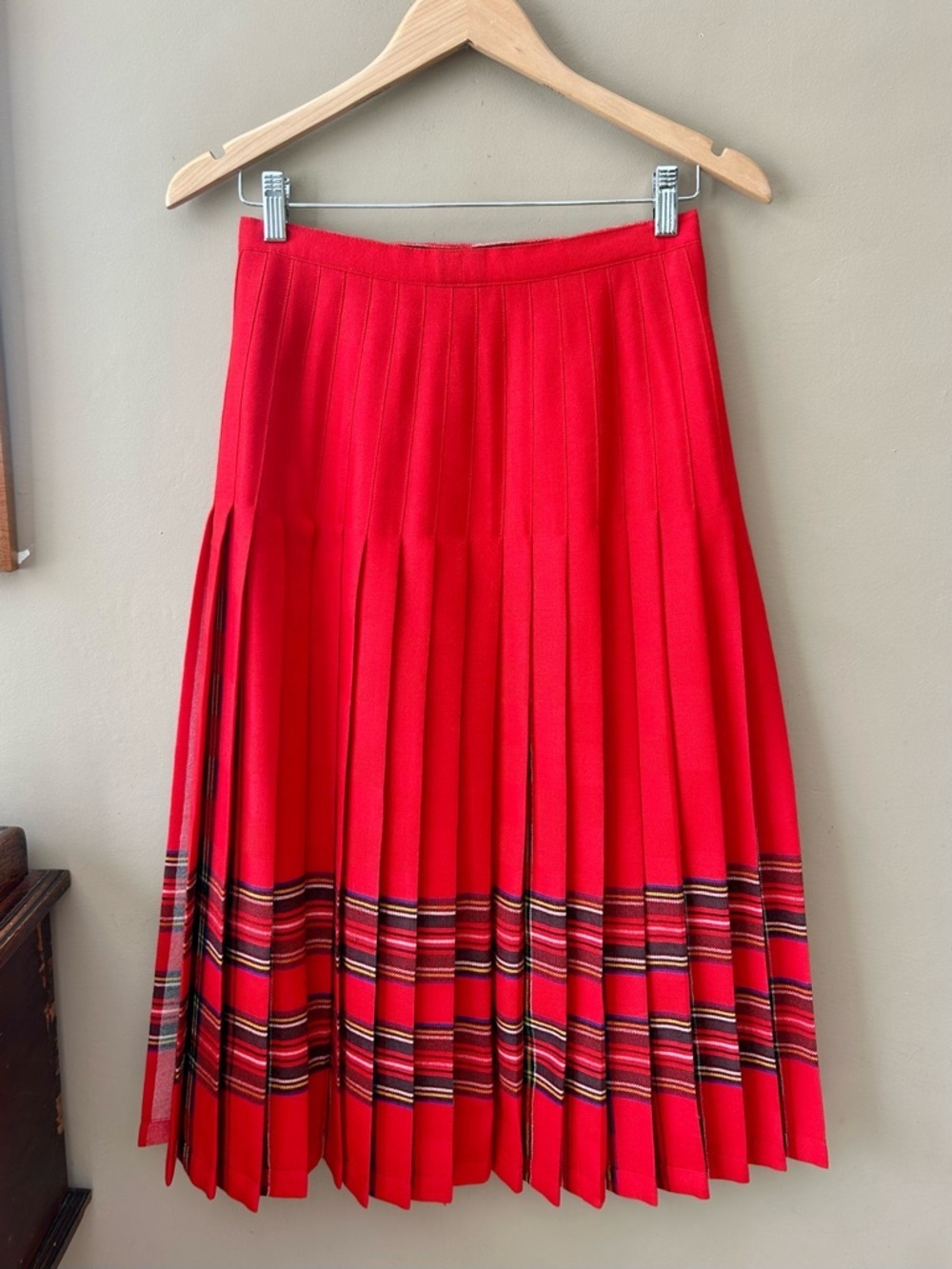 Vintage Tootal Collection Red Plaid Reversible Wool Pleated Midi Skirt Kilt S